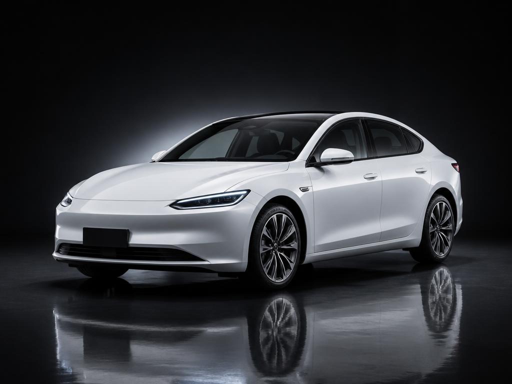 White all-electric Tesla Model 3 sedan in a dark studio