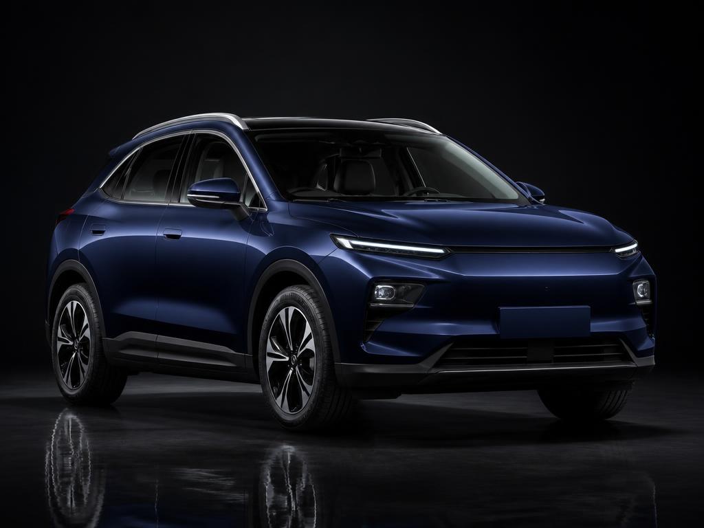 Midnight blue Tesla Model Y electric SUV in a dark studio