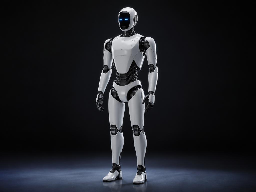 White and black humanoid robot standing in a dark studio