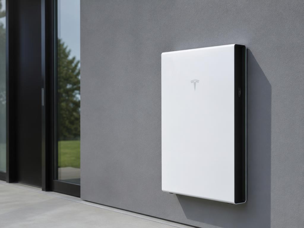 White Tesla Powerwall home battery mounted on a grey exterior wall