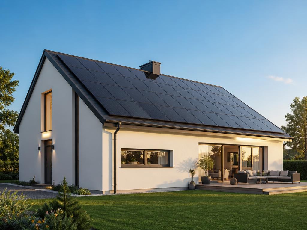 Modern house with black solar panels covering the roof